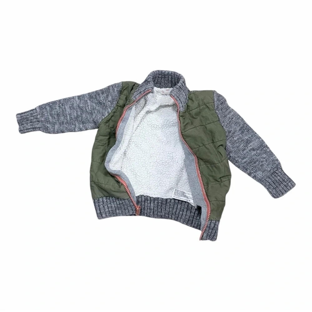 Cat & Jack Kids 3T Full Zip Quilted Knit Hybrid Jacket Olive Green Grey Sherpa‎
